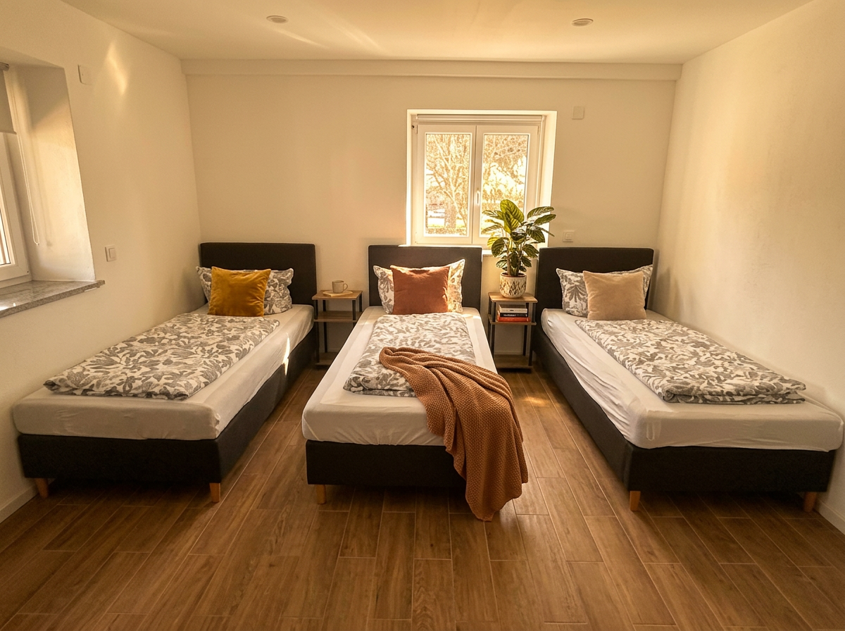 Dreibettzimmer mit hellem Holzboden und Fenster