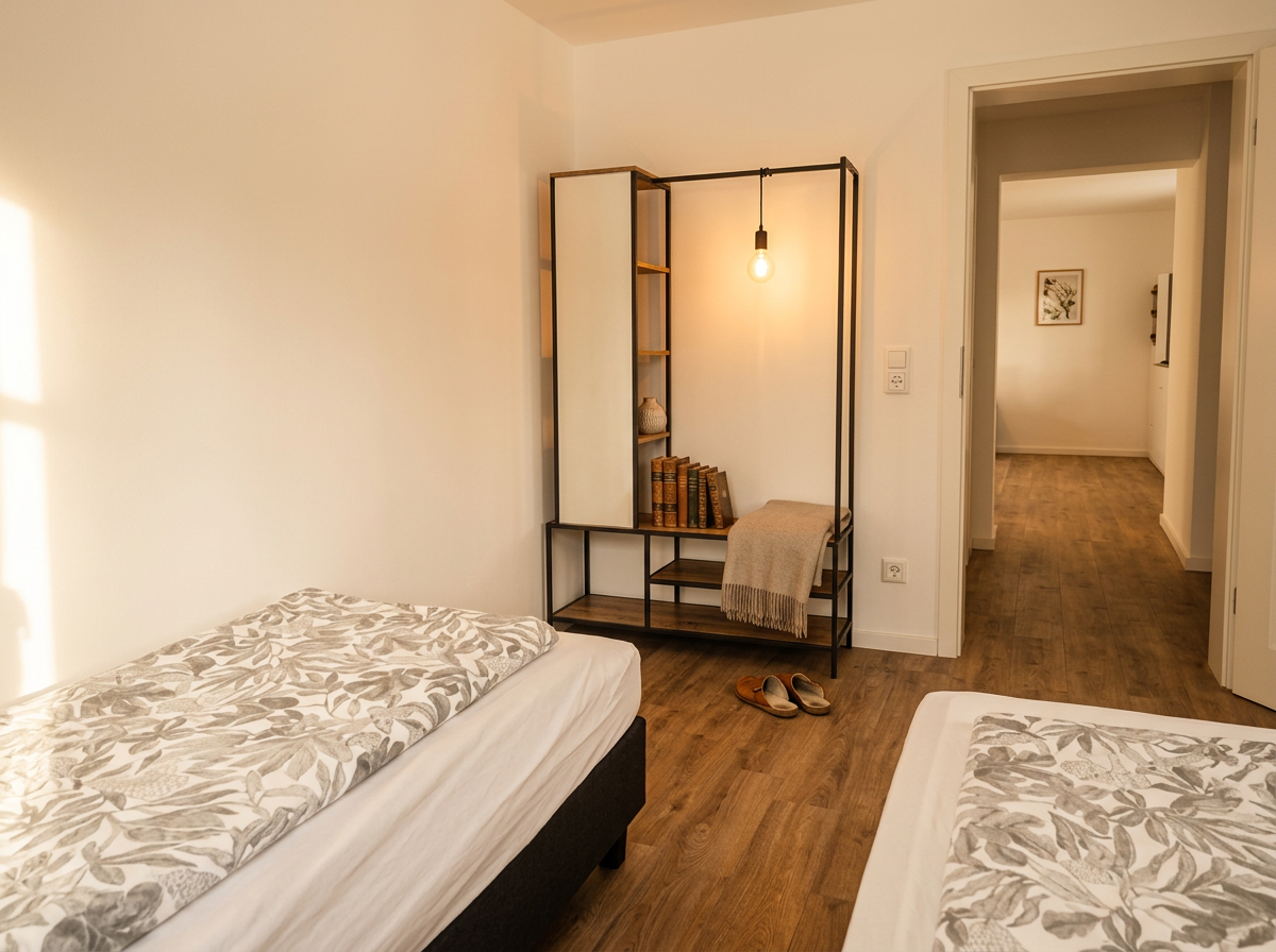 Schlafzimmer mit offener Garderobe in Casita 2 Obergeschoss