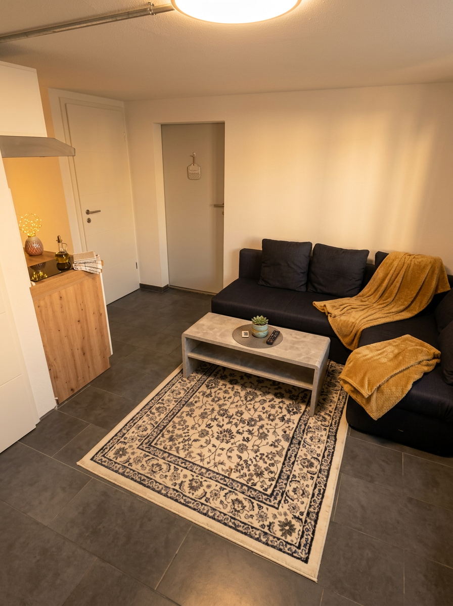Gemütlicher Wohnbereich mit Sofa und Teppich