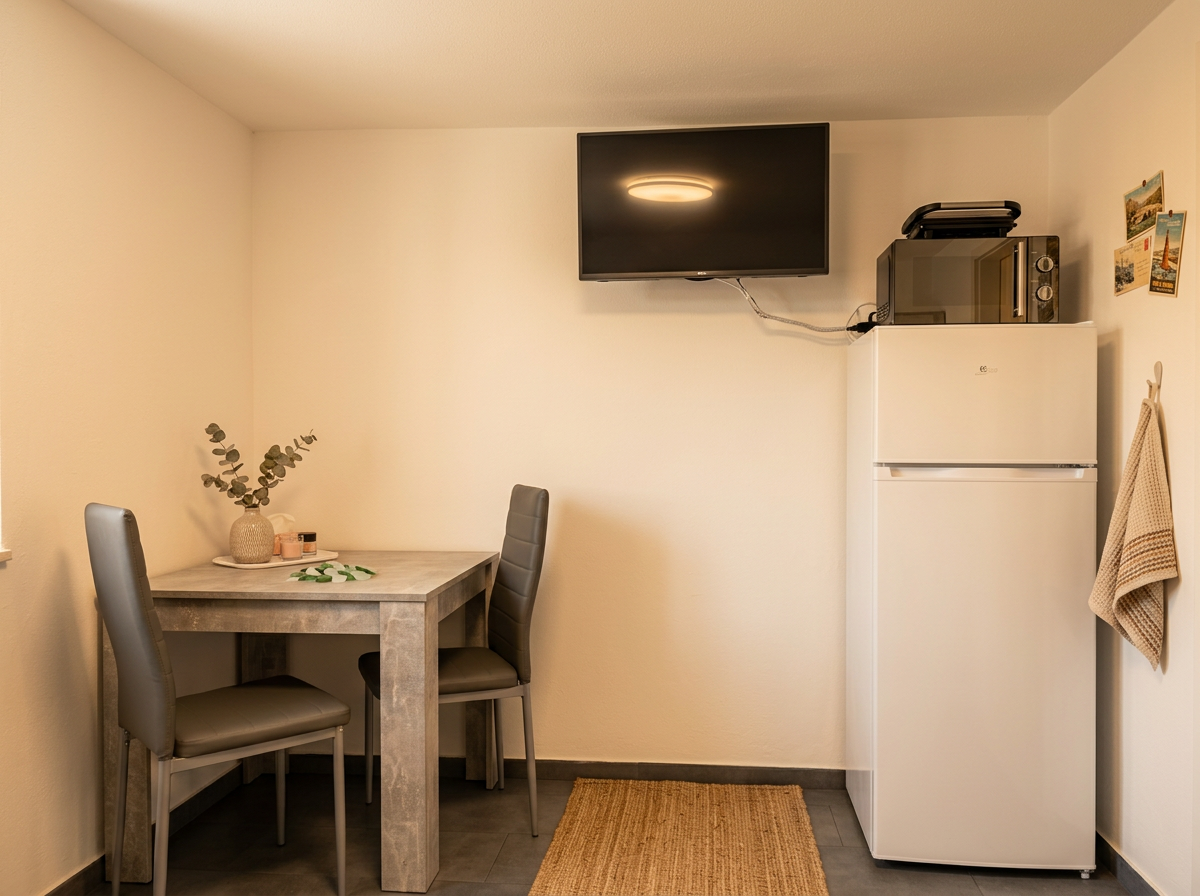 Essplatz mit Tisch, Flachbild-TV und Kühlschrank