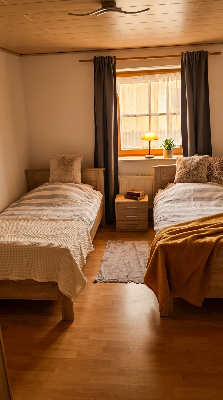 Schlafzimmer mit zwei Betten und Fenster in Casita 1 Obergeschoss