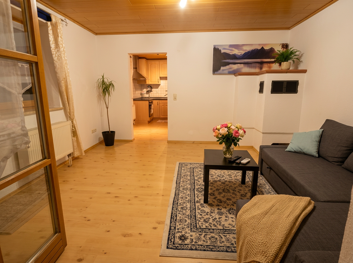 Wohnzimmer mit Sofa, Couchtisch und Durchgang zur Küche