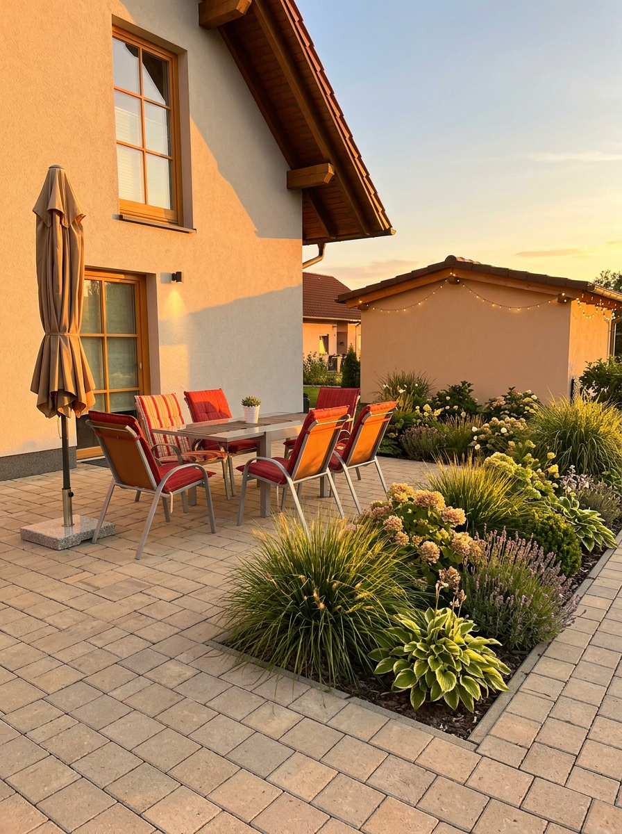 Sonnenterrasse mit Gartenmöbeln und Sonnenschirm