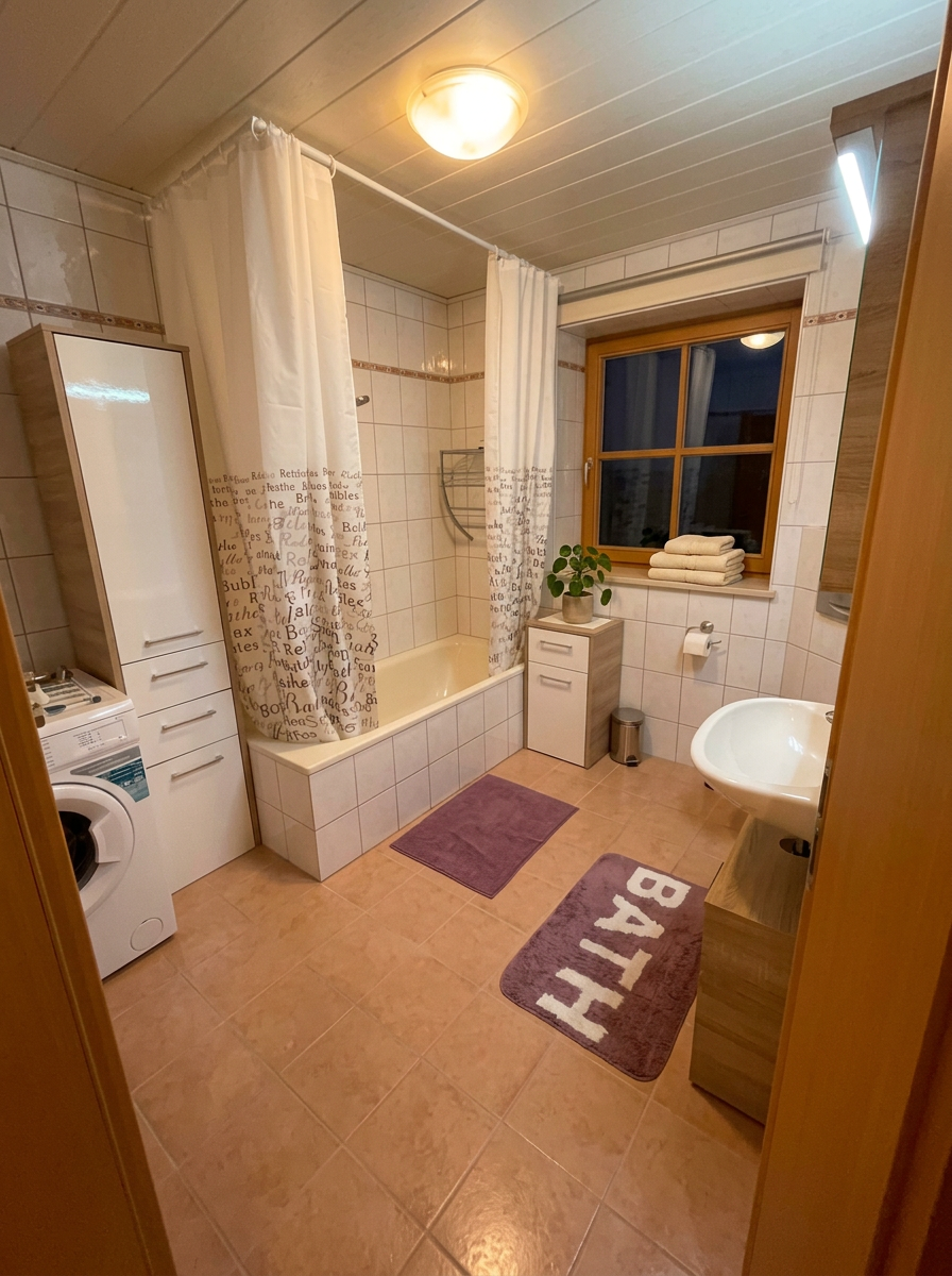 Badezimmer mit Badewanne, Waschbecken und Waschmaschine
